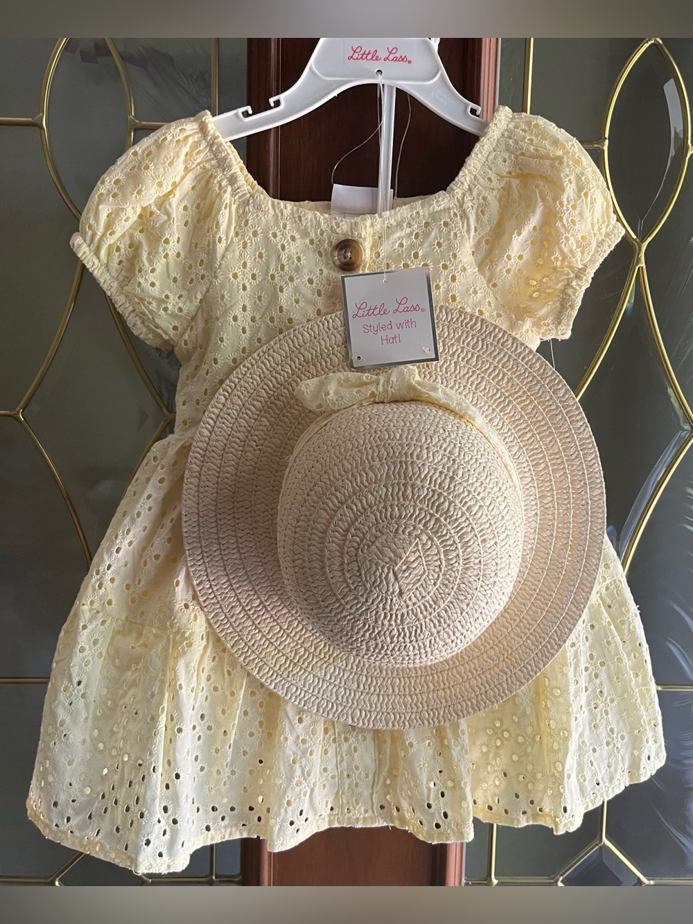NWT Little Lass Soft Yellow Eyelet Dress & Straw Hat Set Girls Size 24M